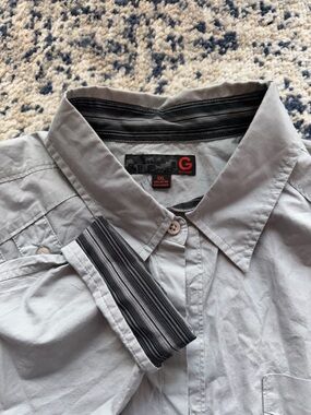 G by Guess Light Gray Button-Up Shirt with Striped Trim